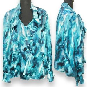 NWOT Marbled Blouse with Button Down Fancy Front Closure & Ruffled Neckline XL